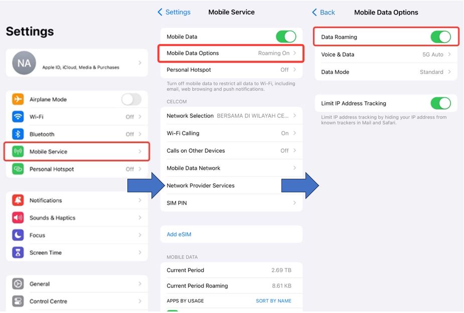 Cara Turn On Off Data Roaming iOS